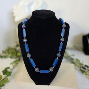 Vintage Acrylic Blue and Striped Bead Necklace